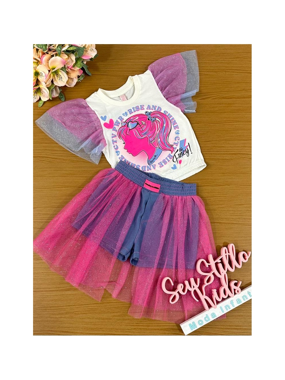 Conjunto Infantil Barbie Short Blusa Brilhante Envio Rápido