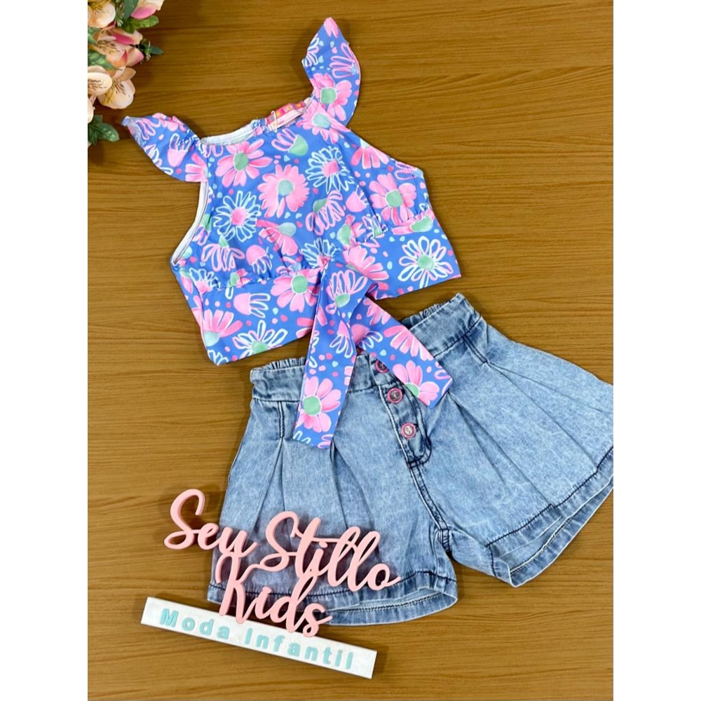 Conjunto Infantil Mon Sucre Verão Com Shorts e Blusa Flores