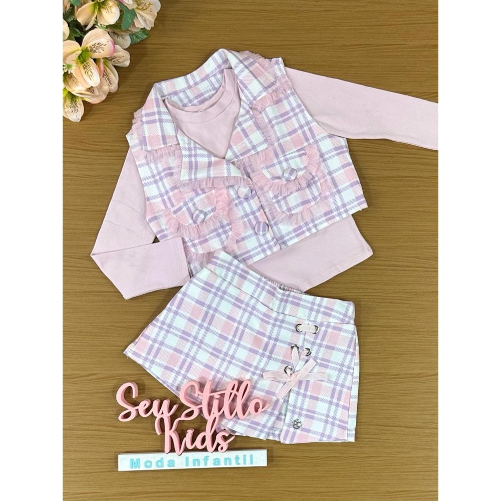 Conjunto Infantil Blusa Saia e Colete Xadrez