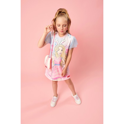 Riachuelo  Vestido Curto Infantil Sem Manga Evasê Barbie Multicor Tam 2 a  10